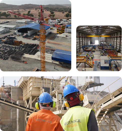 Mota-Engil Nigeria industrial operations: construction site with tower crane, factory interior, and engineers on-site wearing protective equipment.